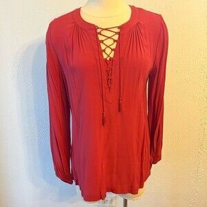 Time and Tru Long Sleeve Lace Up Front Peasant Top Small